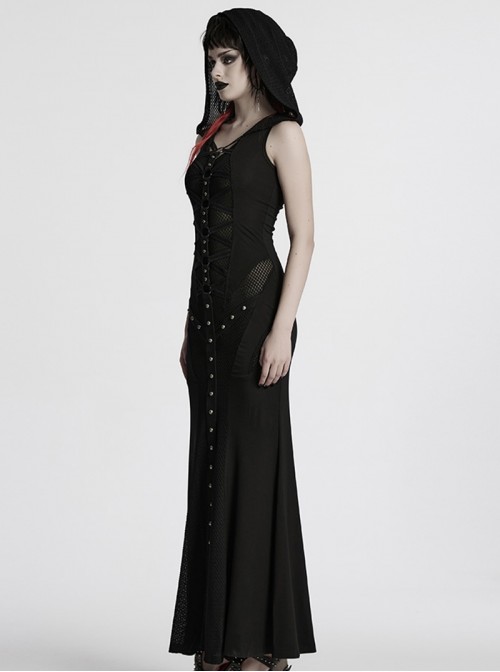 Black Punk Style Sacred Nun Sexy Translucent Mesh Yarn Hooded Visual Slim Fit Dress