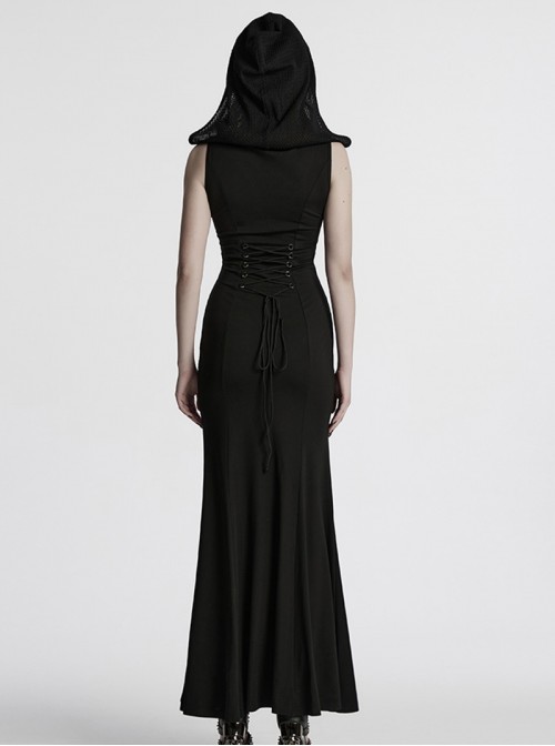 Black Punk Style Sacred Nun Sexy Translucent Mesh Yarn Hooded Visual Slim Fit Dress