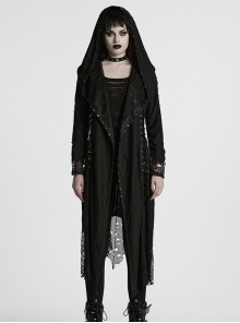 Gothic Style Tattered Knit Black Decadent Asymmetric Knitted Double Layers Hooded Coat