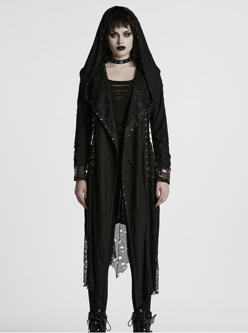 Gothic Style Tattered Knit Black Decadent Asymmetric Knitted Double Layers Hooded Coat