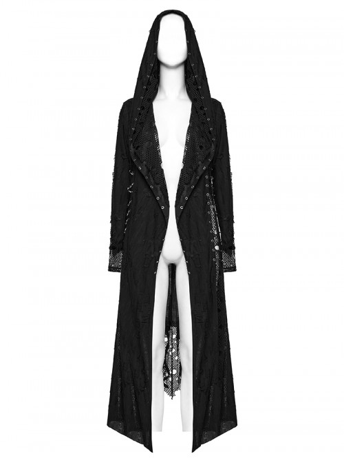 Gothic Style Tattered Knit Black Decadent Asymmetric Knitted Double Layers Hooded Coat