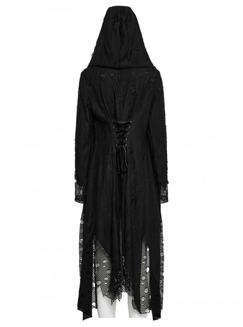 Gothic Style Tattered Knit Black Decadent Asymmetric Knitted Double Layers Hooded Coat