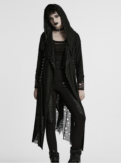 Gothic Style Tattered Knit Black Decadent Asymmetric Knitted Double Layers Hooded Coat