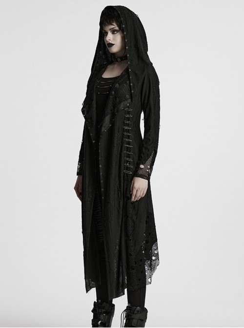 Gothic Style Tattered Knit Black Decadent Asymmetric Knitted Double Layers Hooded Coat