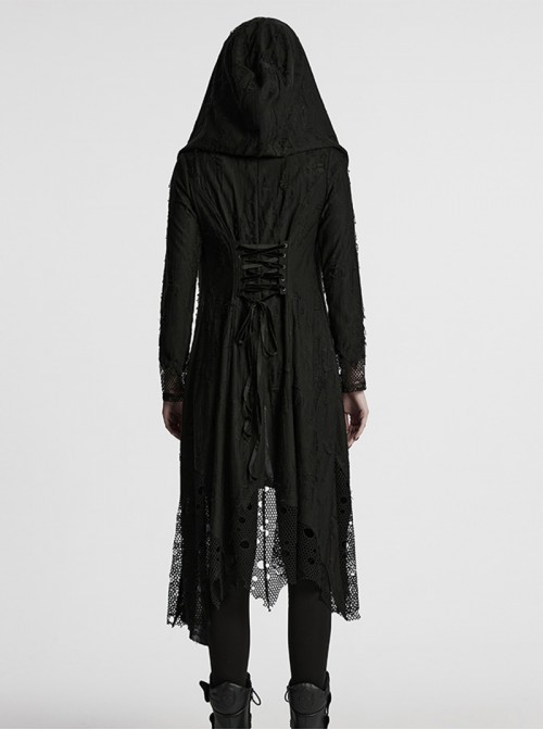 Gothic Style Tattered Knit Black Decadent Asymmetric Knitted Double Layers Hooded Coat