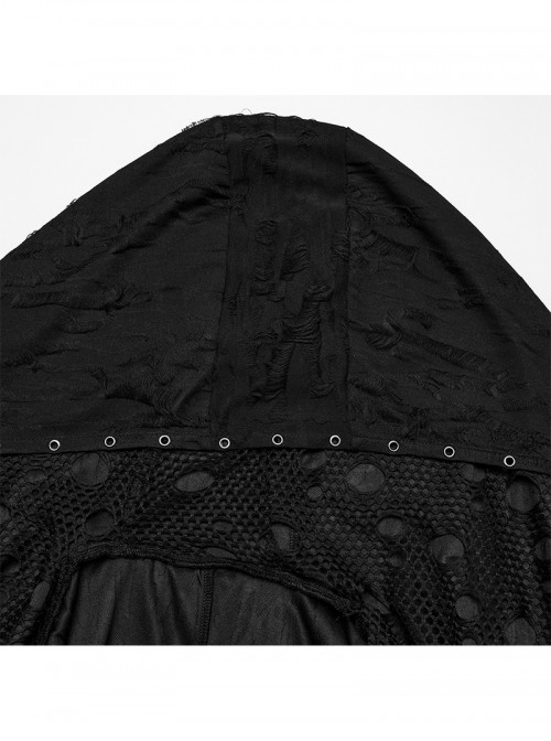 Gothic Style Tattered Knit Black Decadent Asymmetric Knitted Double Layers Hooded Coat
