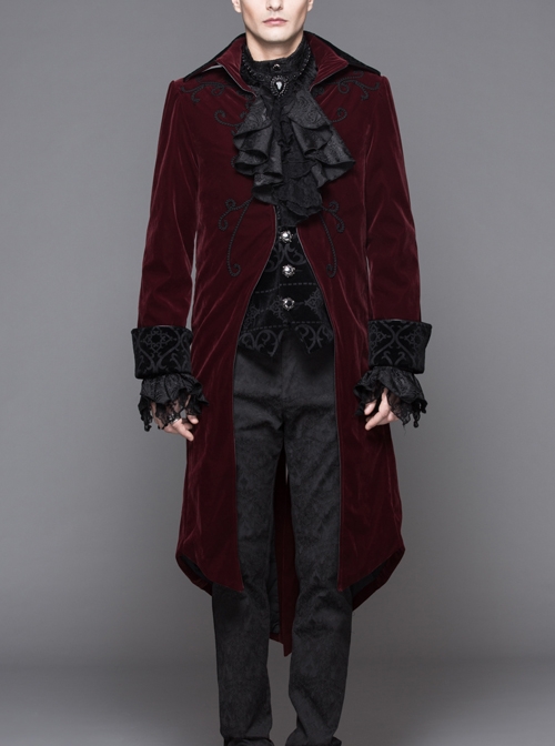Men Glass Patterned Button Gothic Black Hand-Embroidered Fake Two Pieces Red Velvet Coats