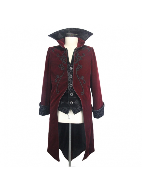 Men Glass Patterned Button Gothic Black Hand-Embroidered Fake Two Pieces Red Velvet Coats