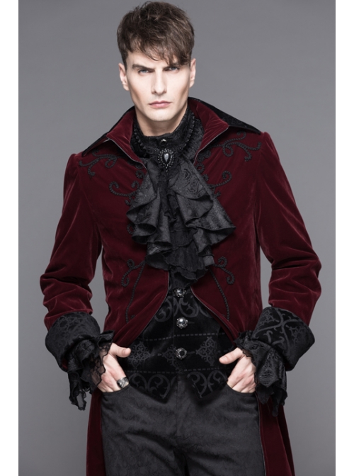 Men Glass Patterned Button Gothic Black Hand-Embroidered Fake Two Pieces Red Velvet Coats