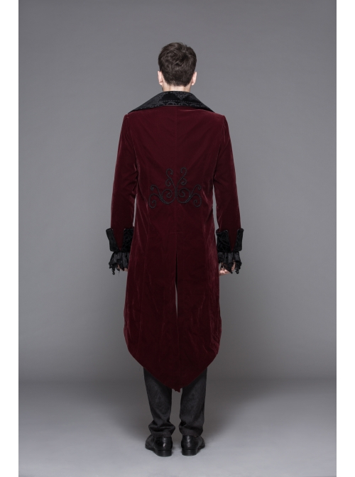 Men Glass Patterned Button Gothic Black Hand-Embroidered Fake Two Pieces Red Velvet Coats