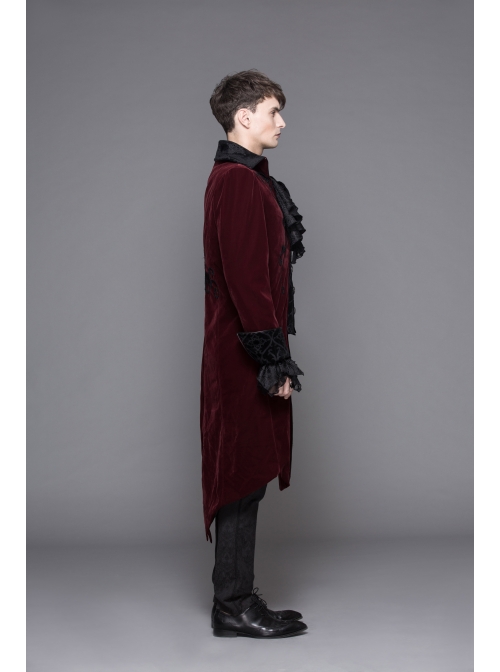 Men Glass Patterned Button Gothic Black Hand-Embroidered Fake Two Pieces Red Velvet Coats