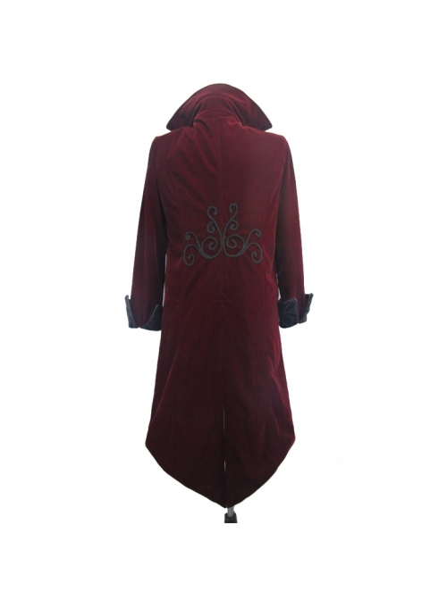 Men Glass Patterned Button Gothic Black Hand-Embroidered Fake Two Pieces Red Velvet Coats