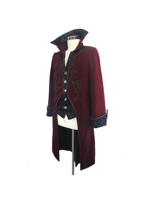 Men Glass Patterned Button Gothic Black Hand-Embroidered Fake Two Pieces Red Velvet Coats