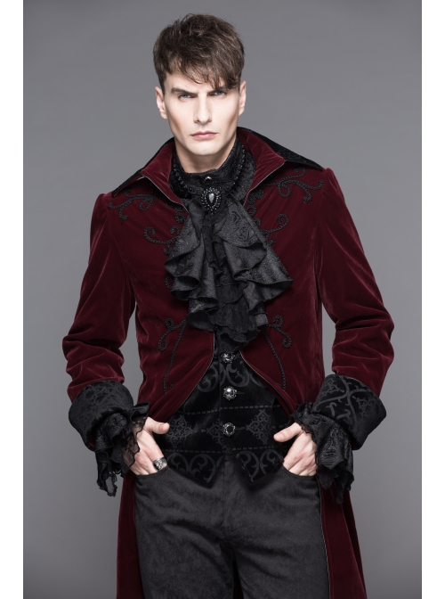 Men Glass Patterned Button Gothic Black Hand-Embroidered Fake Two Pieces Red Velvet Coats
