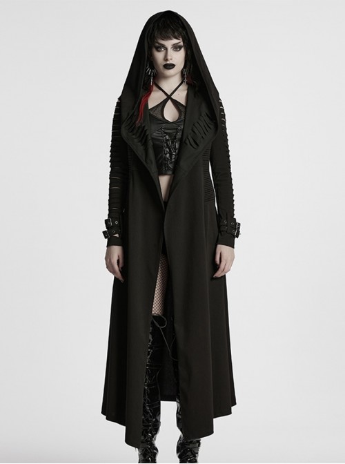 Punk Style Cool Elastic Knitted Denim Versatile Black Hooded Cut Washed Long Sleeves Jacket