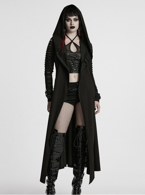 Punk Style Cool Elastic Knitted Denim Versatile Black Hooded Cut Washed Long Sleeves Jacket