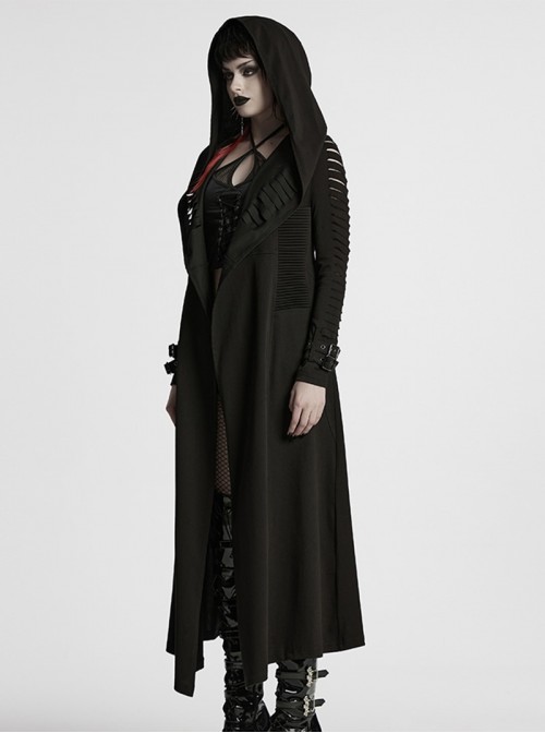 Punk Style Cool Elastic Knitted Denim Versatile Black Hooded Cut Washed Long Sleeves Jacket