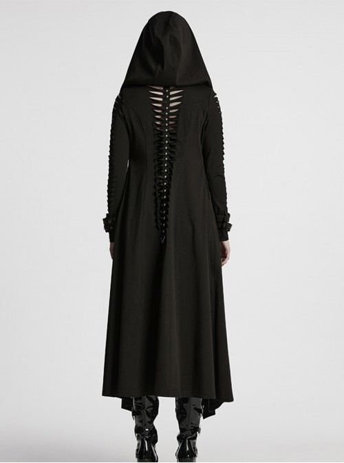 Punk Style Cool Elastic Knitted Denim Versatile Black Hooded Cut Washed Long Sleeves Jacket
