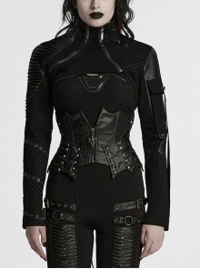 Black Twill Woven Handsome Sexy Unique Visual Focus Punk Style Ultra Short Motorcycle Jacket