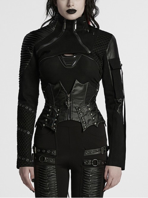 Black Twill Woven Handsome Sexy Unique Visual Focus Punk Style Ultra Short Motorcycle Jacket