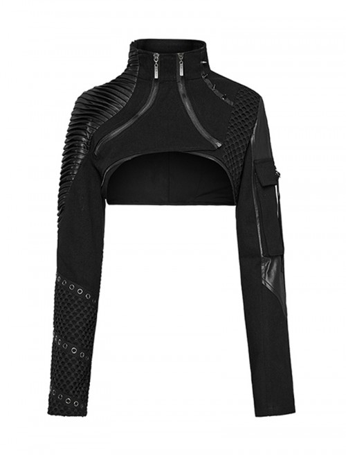 Black Twill Woven Handsome Sexy Unique Visual Focus Punk Style Ultra Short Motorcycle Jacket