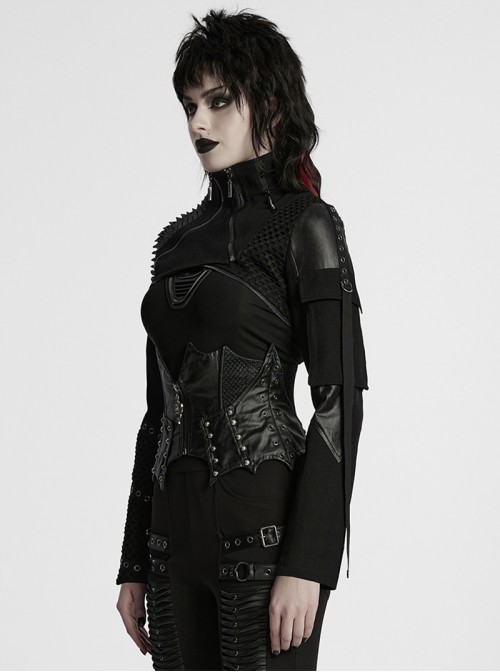 Black Twill Woven Handsome Sexy Unique Visual Focus Punk Style Ultra Short Motorcycle Jacket