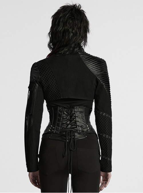 Black Twill Woven Handsome Sexy Unique Visual Focus Punk Style Ultra Short Motorcycle Jacket