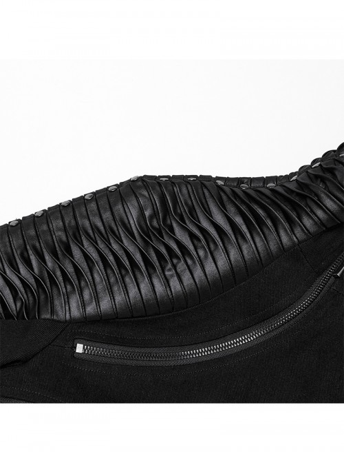 Black Twill Woven Handsome Sexy Unique Visual Focus Punk Style Ultra Short Motorcycle Jacket