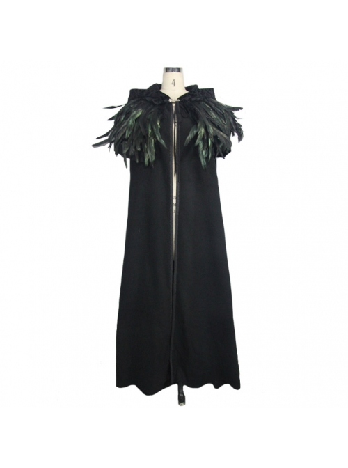 Gothic Detachable Feather 3d Ribbons Decorated Woollen Hooded Black Big Cape