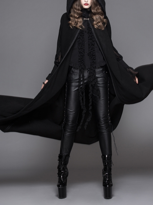 Gothic Detachable Feather 3d Ribbons Decorated Woollen Hooded Black Big Cape