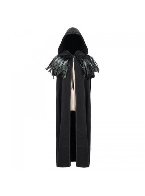 Gothic Detachable Feather 3d Ribbons Decorated Woollen Hooded Black Big Cape