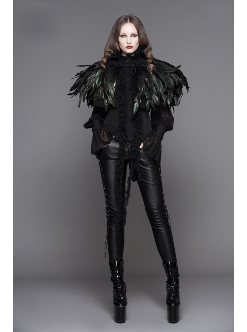 Gothic Detachable Feather 3d Ribbons Decorated Woollen Hooded Black Big Cape