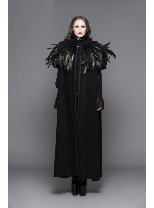 Gothic Detachable Feather 3d Ribbons Decorated Woollen Hooded Black Big Cape