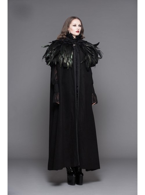 Gothic Detachable Feather 3d Ribbons Decorated Woollen Hooded Black Big Cape