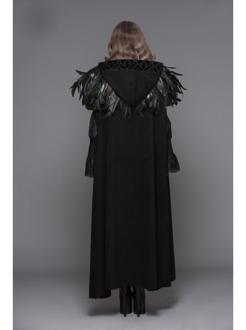 Gothic Detachable Feather 3d Ribbons Decorated Woollen Hooded Black Big Cape