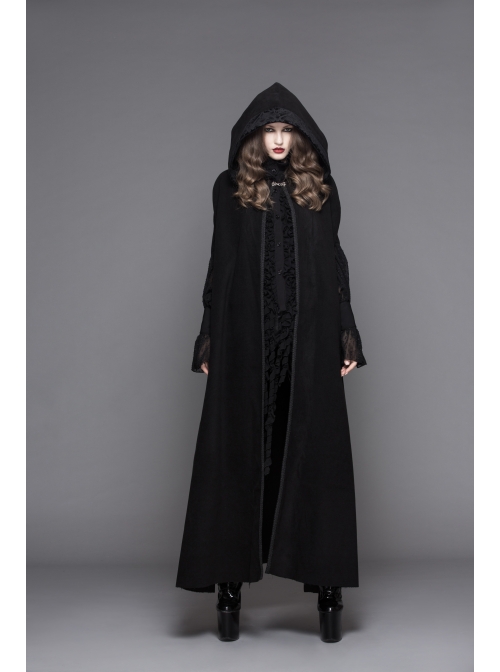 Gothic Detachable Feather 3d Ribbons Decorated Woollen Hooded Black Big Cape