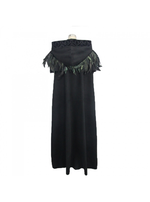Gothic Detachable Feather 3d Ribbons Decorated Woollen Hooded Black Big Cape