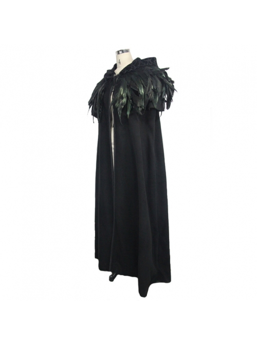 Gothic Detachable Feather 3d Ribbons Decorated Woollen Hooded Black Big Cape