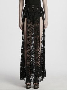 Gothic Style Black Sexy Exquisite Heavy Industry Flower Pattern Lace Split Long Skirt