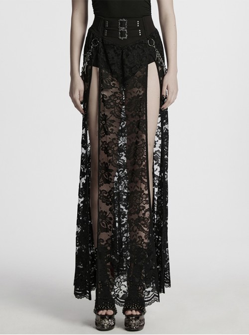 Gothic Style Black Sexy Exquisite Heavy Industry Flower Pattern Lace Split Long Skirt