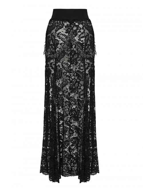 Gothic Style Black Sexy Exquisite Heavy Industry Flower Pattern Lace Split Long Skirt