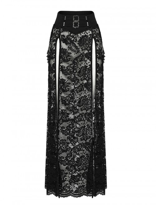 Gothic Style Black Sexy Exquisite Heavy Industry Flower Pattern Lace Split Long Skirt