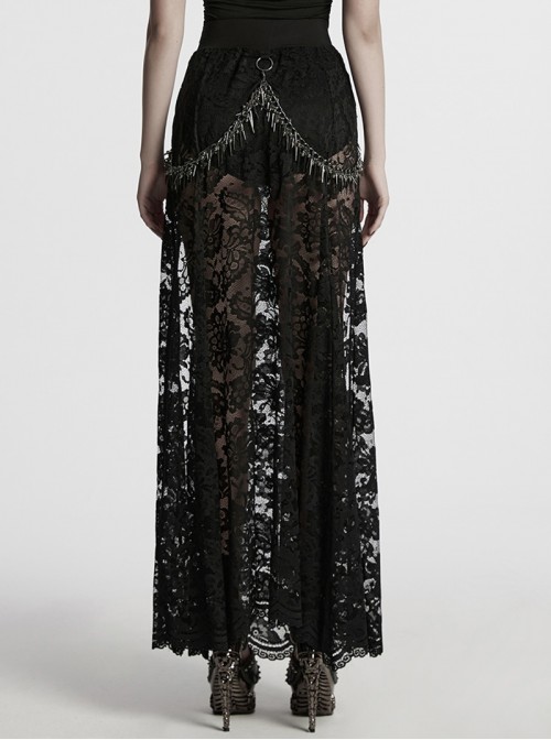 Gothic Style Black Sexy Exquisite Heavy Industry Flower Pattern Lace Split Long Skirt