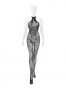 Snake Pattern See-Through Jacquard Mesh Tearable Jumpsuit Halter Neck Body Stockings Sexy Lingerie