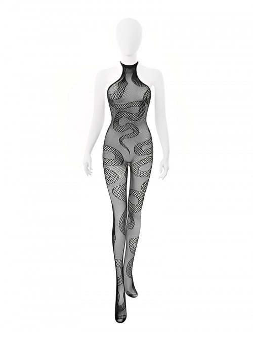 Snake Pattern See-Through Jacquard Mesh Tearable Jumpsuit Halter Neck Body Stockings Sexy Lingerie