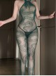 Snake Pattern See-Through Jacquard Mesh Tearable Jumpsuit Halter Neck Body Stockings Sexy Lingerie