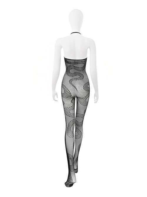 Snake Pattern See-Through Jacquard Mesh Tearable Jumpsuit Halter Neck Body Stockings Sexy Lingerie