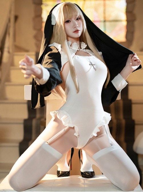 Nun Of The Dark Moon High Waist Exposed Hip Hidden Button Open Crotch Bodysuit Sexy Lingerie Set