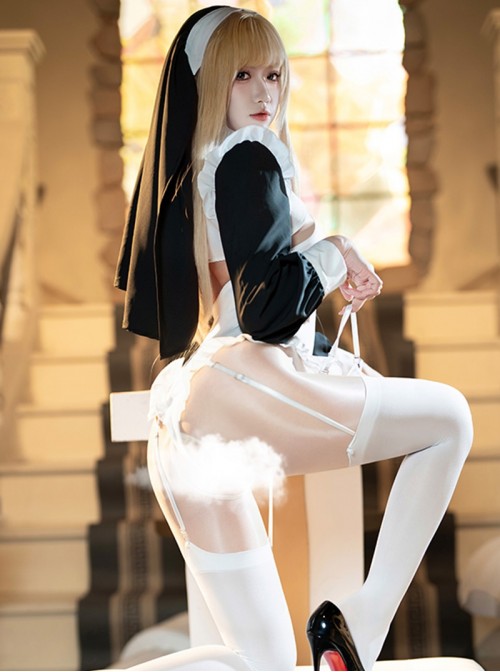 Nun Of The Dark Moon High Waist Exposed Hip Hidden Button Open Crotch Bodysuit Sexy Lingerie Set