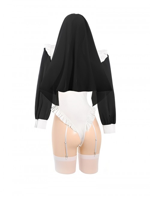 Nun Of The Dark Moon High Waist Exposed Hip Hidden Button Open Crotch Bodysuit Sexy Lingerie Set